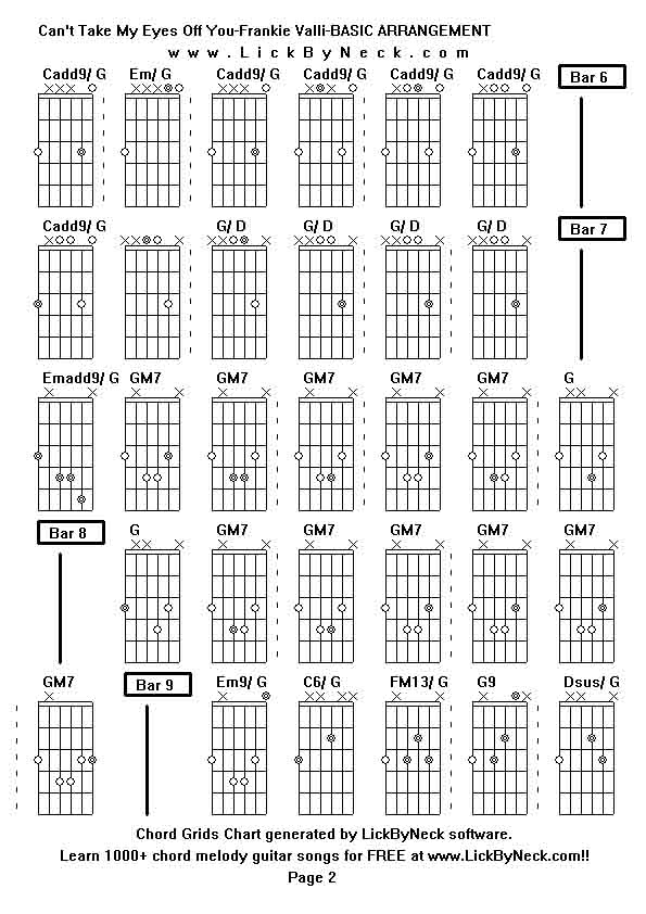 Chord Grids Chart of chord melody fingerstyle guitar song-Can't Take My Eyes Off You-Frankie Valli-BASIC ARRANGEMENT,generated by LickByNeck software.